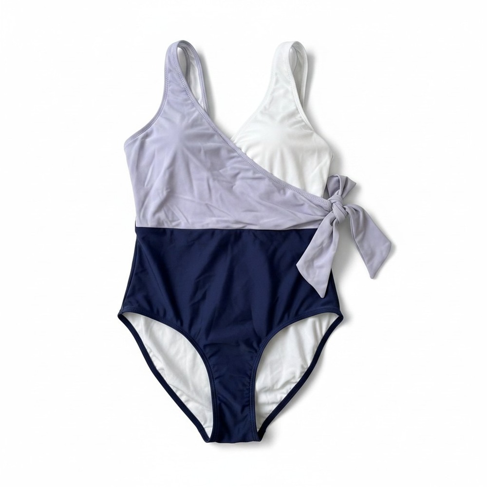 Cupshe Womens Colorblock Wrap One Piece Swimsuit Navy Lavender White Size L NWT
